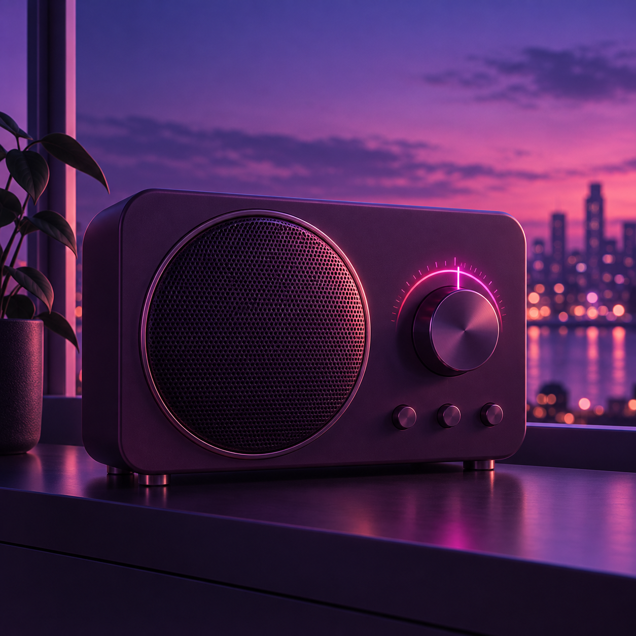 Purple radio illustration beside a window at dusk